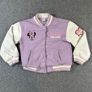 Disney Minnie Mouse Girls Varsity Jacket Purple White Letterman Coat Size 6-7